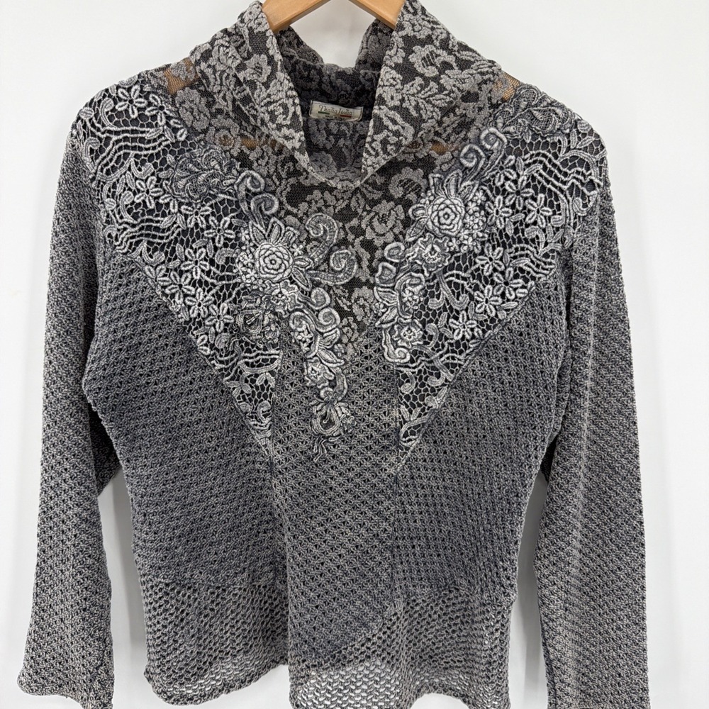 Vtg Y2K Thalia Lacy Open Knit Embroidered Gray Crochet Sweater Whimsigoth Italy